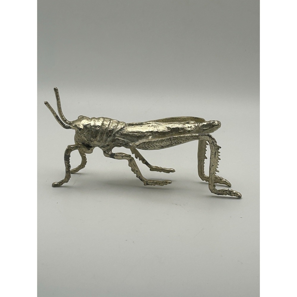 Vintage Cast Metal Grasshopper Figurine Silver Tone Brass Patina Decor